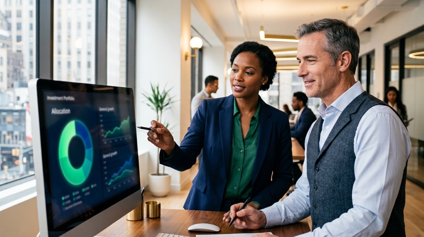 Advisor and client reviewing a diversified portfolio allocation on screen