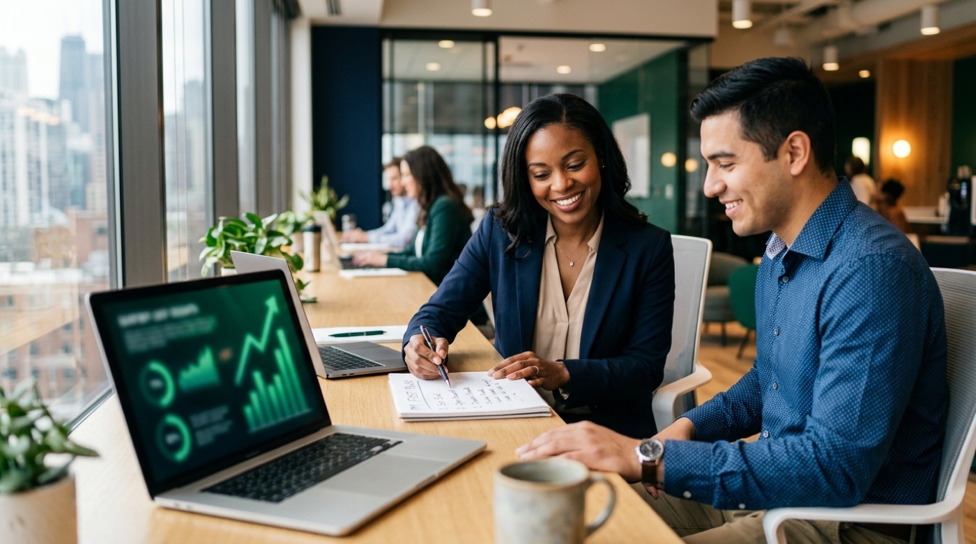 A beginner taking their first investing steps at a laptop with a growth chart