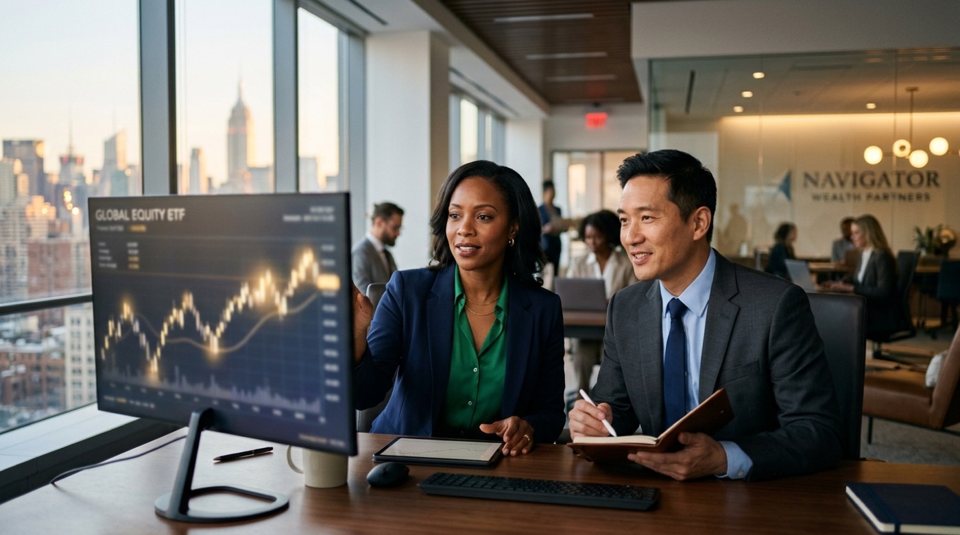 Investor comparing stocks and ETFs on screen to evaluate options