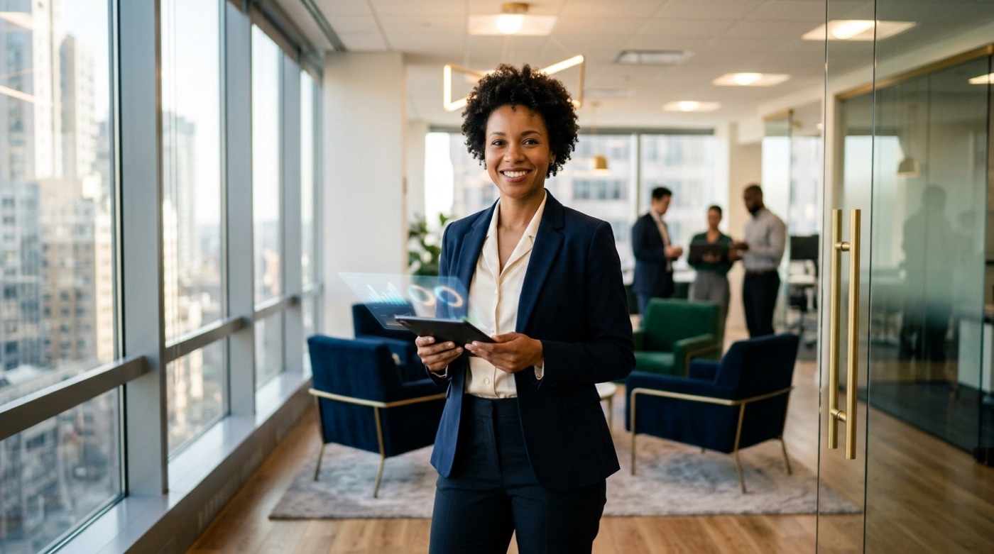 AI investing assistant concept: advisor reviewing portfolios in a modern American wealth office